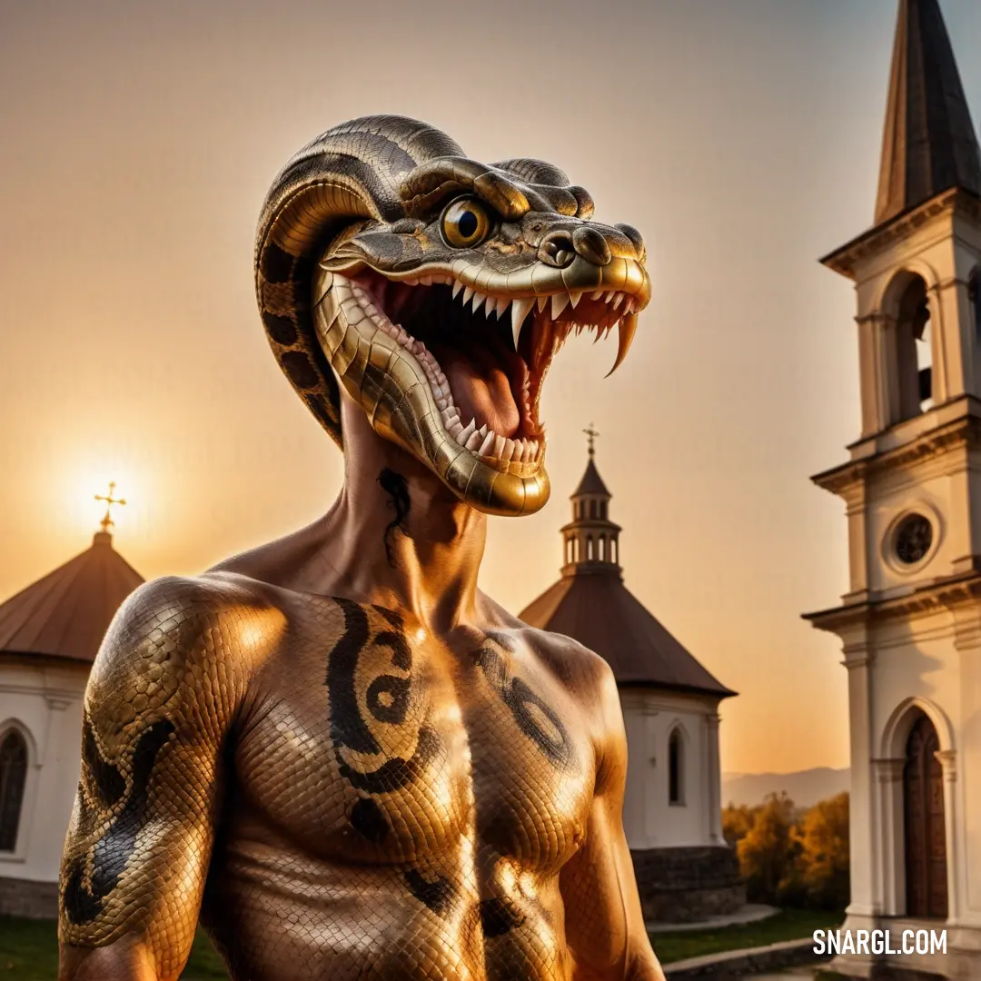 Statue of a male Serpent Serpent Man with a snake on his chest and a church in the background with a clock tower