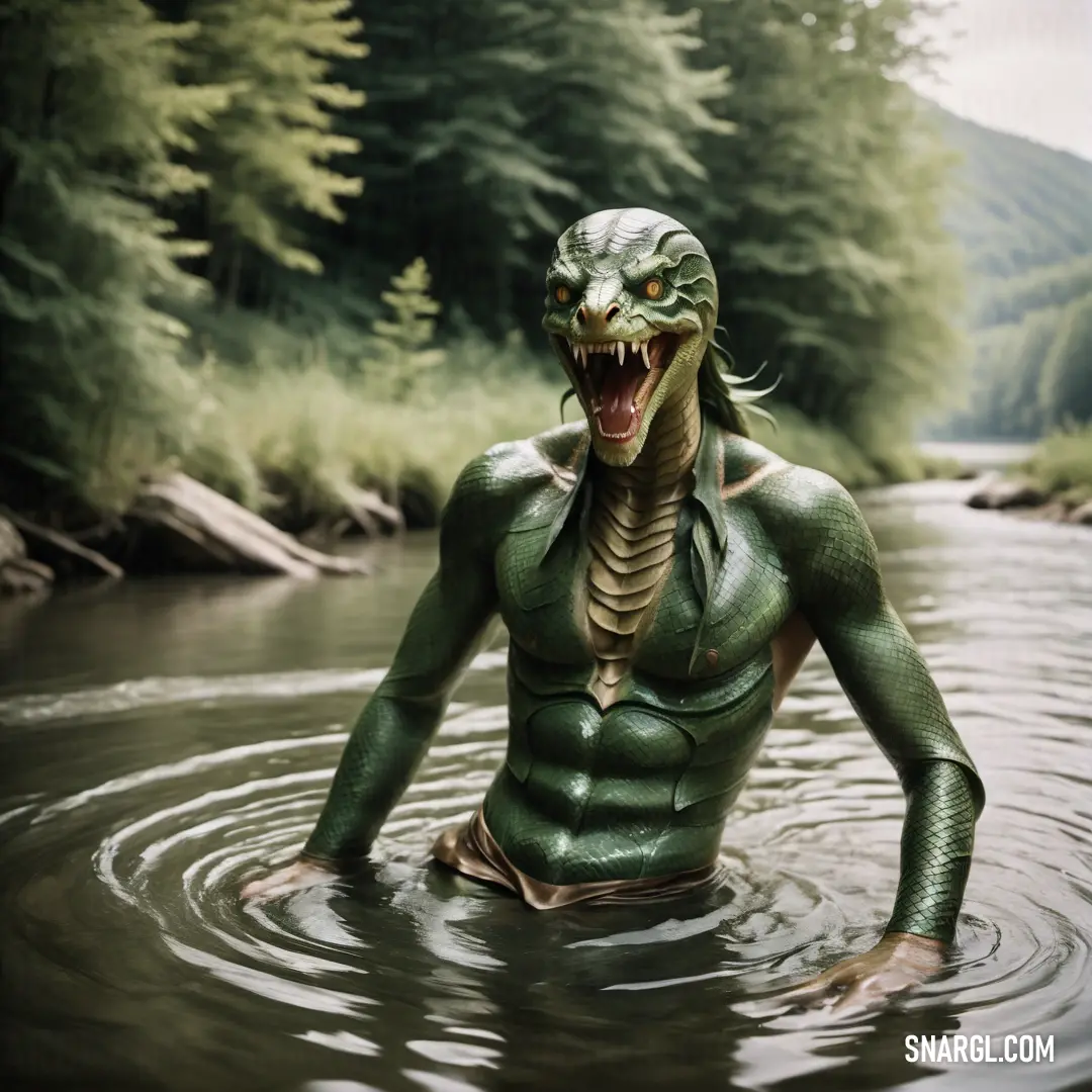 Serpent Man in a body suit in a river with a snake on her head