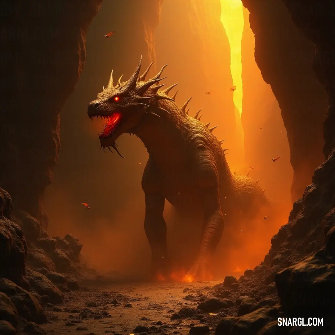Intimidating Serpent of the Void traversing a somber cave, its glowing red eyes vivid against the dark backdrop, fire erupting from its mouth as it prowls. The ominous Serpent of the Void slithers through a gloomy cave, its menacing red eyes piercing the darkness, while fiery breath illuminates the rugged terrain, heightening its terrifying appeal.