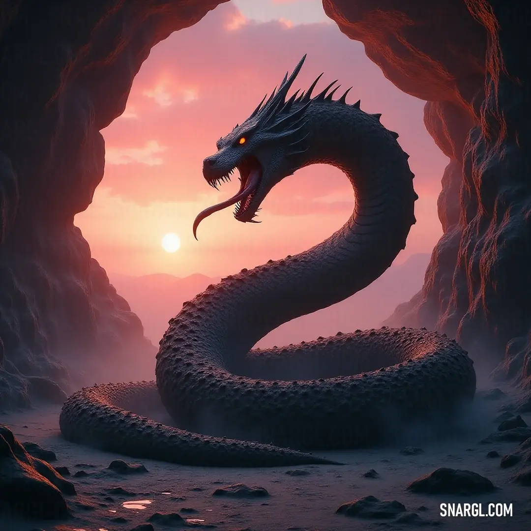 Serpent Overlord in a cave at sunset, blending shadows with the vibrant splendor of nature. In a dramatic cave setting, the Serpent Overlord remains poised against a stunning sunset backdrop, showcasing a mesmerizing contrast between darkness and light, creating an atmosphere of ancient power.