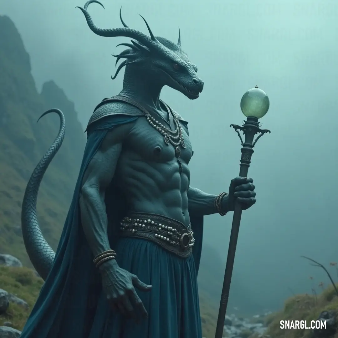 The Serpent Overlord stands proud and mysterious, clutching a staff that radiates ancient magic, embodying authority and enigmatic allure. Dressed in an elaborate costume, the Serpent Overlord grips a mystical staff adorned with a dragon-headed orb, standing in regal poise. Its majestic attire reflects both power and cunning, surrounded by an air of enchantment, drawing gazes with its comman