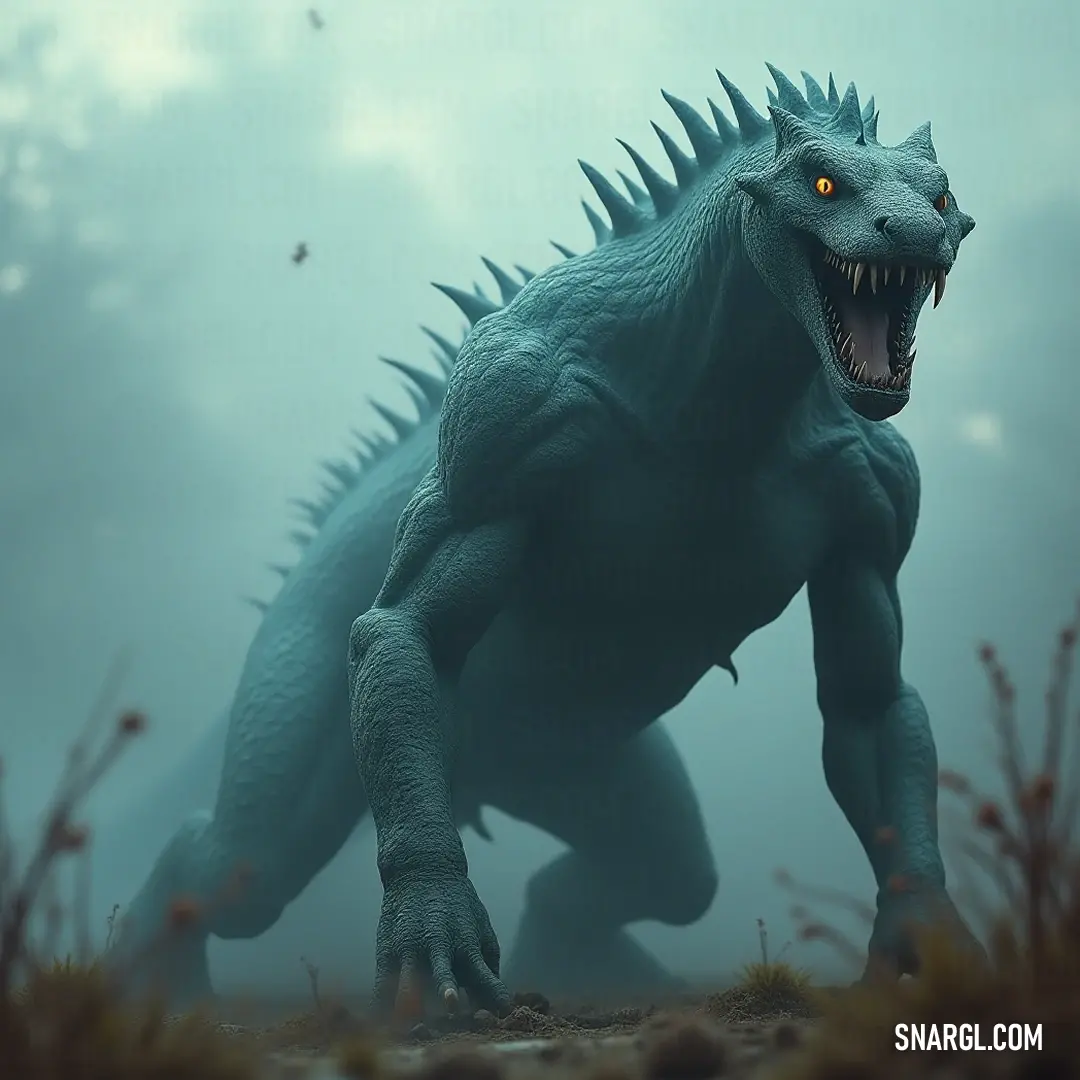 An imposing Godzilla-like Serpent Tyrant, featuring brilliant yellow eyes and razor-sharp teeth, stands silently in a dense forest, exuding an intimidating aura. The formidable Godzilla-like Serpent Tyrant, with piercing yellow eyes and menacingly sharp teeth, commands attention with its imposing presence, waiting in a dense, enigmatic forest.