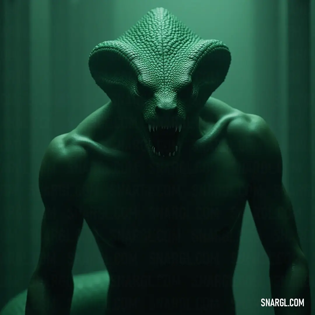 A formidable Serpent Warrior with a vivid green mask poised for action in an enchanting, otherworldly landscape. A fierce warrior adorned in a striking green mask, brandishing a weapon with determination against a mystical backdrop that hints at an ancient world of legends and battles.