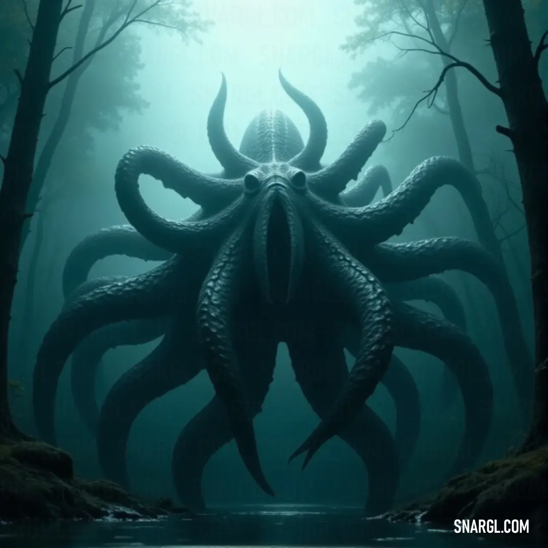 A serpentine Kraken slithers through a misty forest, its massive form coiling around the trees and the river, its eyes glowing in the shadows as it moves with silent menace. The Serpentine Kraken winds through a lush forest, its massive body blending with the trees and water in the background. Its eyes glow with a mysterious light as it moves silently through the misty forest.