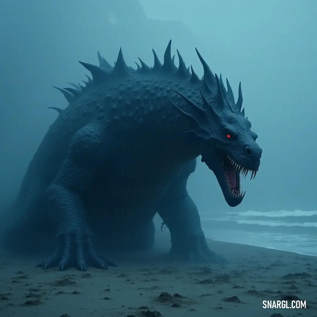 A giant Godzilla-like beast stands on a foggy beach with its mouth agape and red eyes glowing, casting an ominous shadow over the surroundings. A colossal Godzilla-like creature looms on a foggy beach, its mouth open wide and glowing red eyes piercing through the mist, exuding a menacing presence.