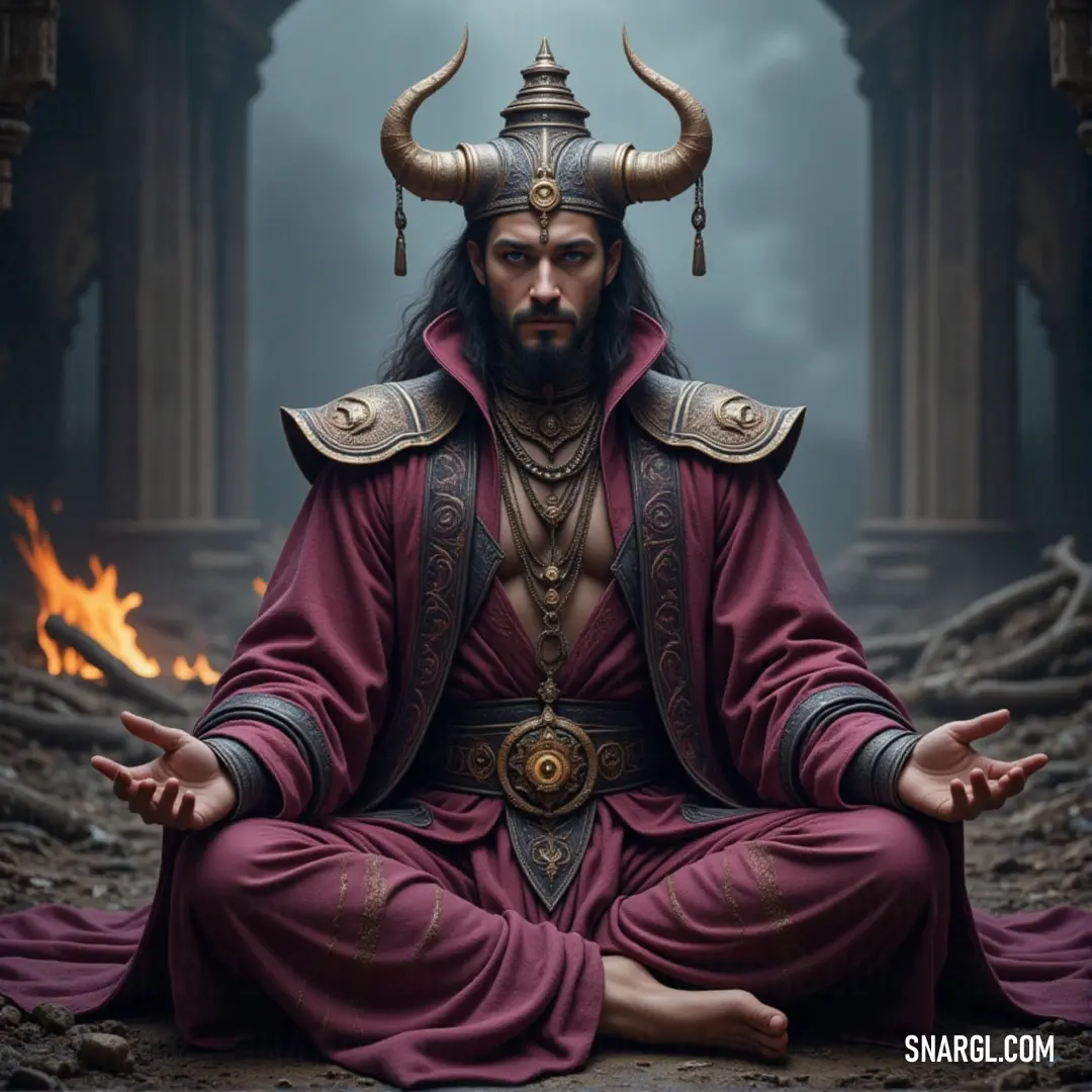 A figure in a red outfit, sitting in lotus position with horns on his head, gestures with extended hands, enveloped in a mystical aura. A figure dressed in red, sitting in lotus position with horns adorning his head, extends his hands before him in a gesture of power, surrounded by an air of mysticism and otherworldly energy.