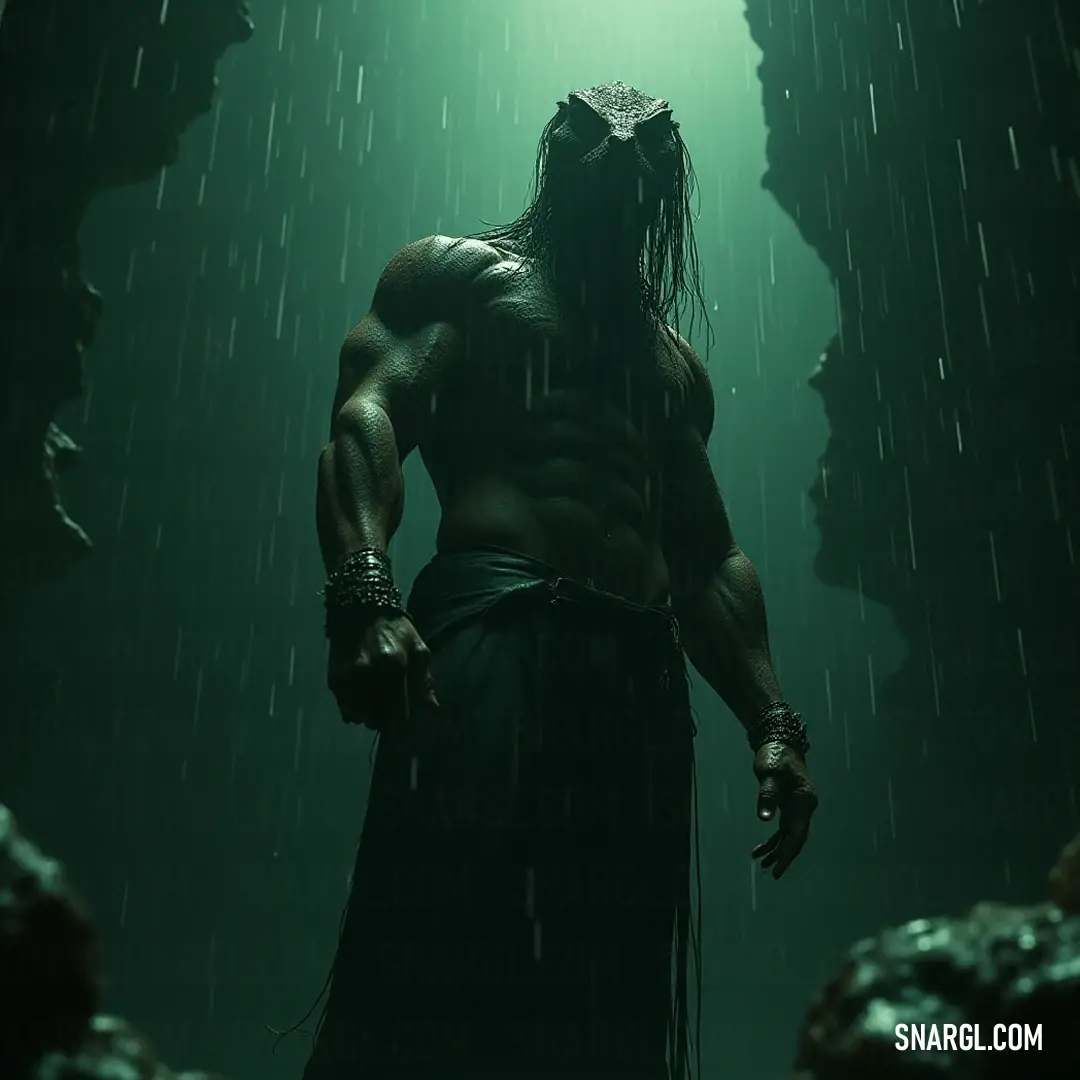 A dignified figure with a majestic beard and a royal crown stands in the rain, sheltered by the jagged rock walls of a cave. A radiant beam of light illuminates him, casting an ethereal glow over his noble features.