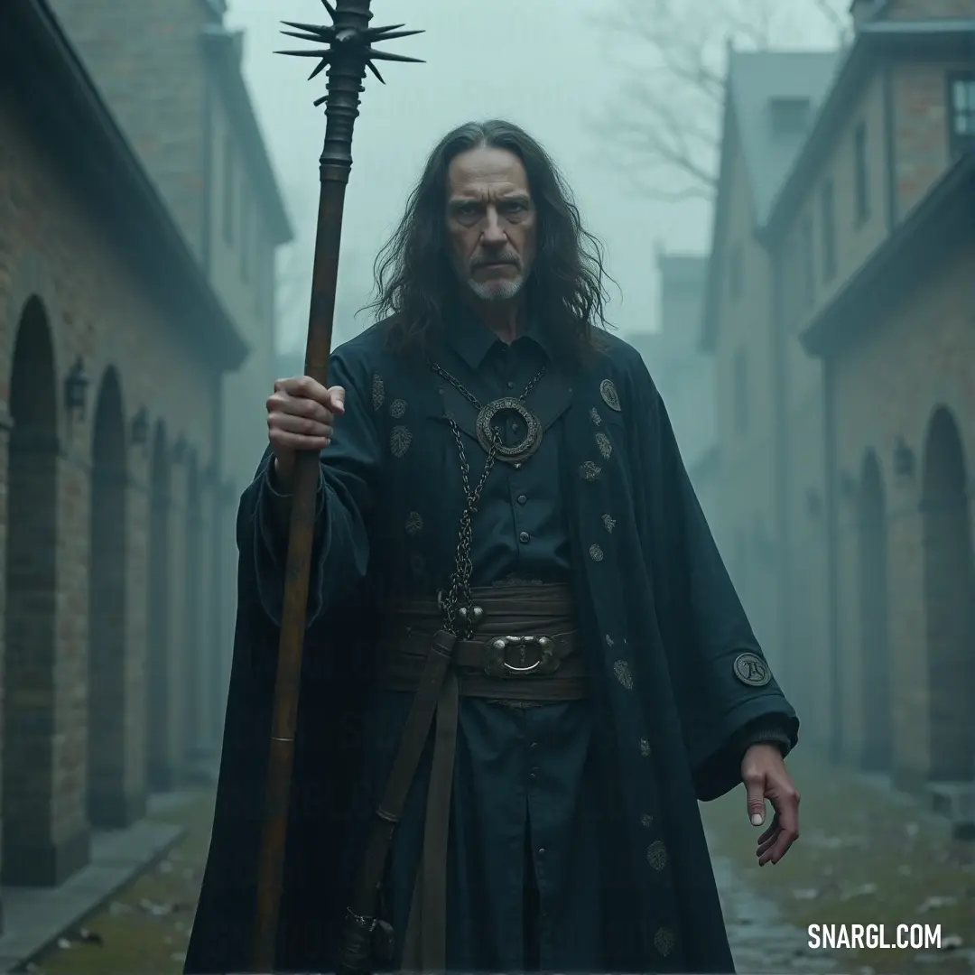 A figure in a long coat stands in a narrow street, staff in hand, as mist swirls around them. The surrounding brick buildings and soft light evoke a sense of mystery and foreboding. A dark-robed figure with a long coat stands in a cobbled street, holding a staff. The surrounding brick buildings and misty atmosphere give the scene a mysterious and slightly ominous vibe.