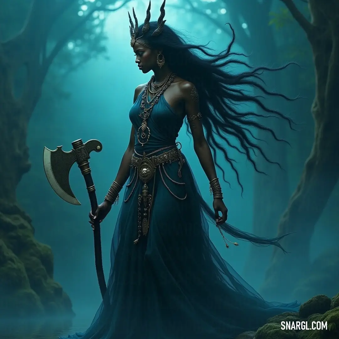 Clad in a blue dress, a brave figure stands poised in a verdant forest, wielding a sword and axe, symbolizing strength and valor within an enchanting natural setting. In a lush forest adorned with trees and vibrant moss, a valiant figure in a blue dress wields a large axe and sword, embodying courage against a backdrop of enchanting woodland beauty.