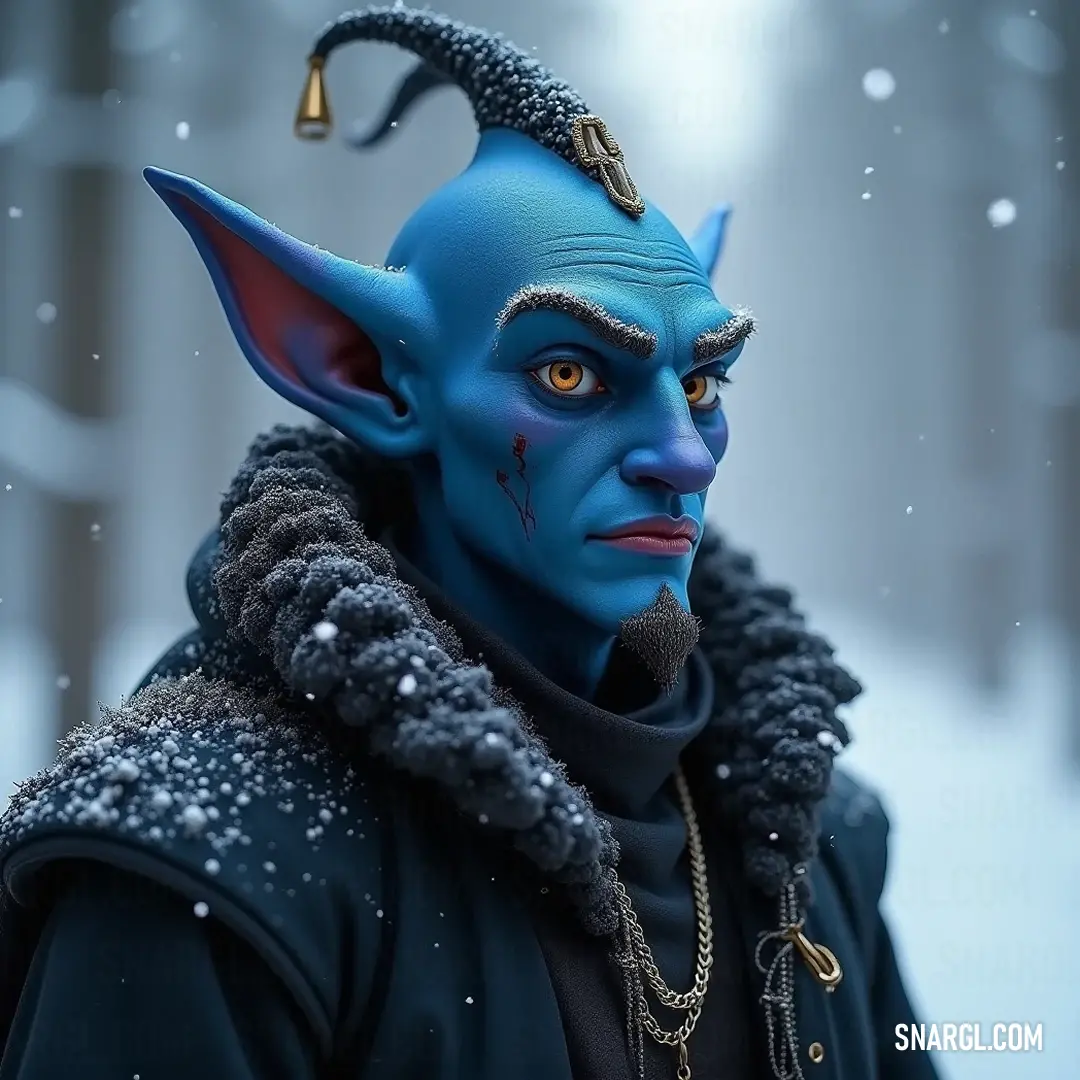 Shabur, with his bewitching blue skin and ornate horned costume, emerges in a fantastical setting that amplifies his charisma and allure. An intriguing character named Shabur, with vibrant blue skin and elaborate makeup, dons a stunning costume that features horns. He captivates attention in a surreal environment that amplifies his striking appearance.