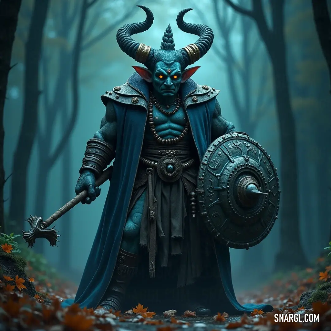 A fierce warrior in a horned costume grips a sword and shield as he navigates through a tranquil forest adorned with colorful leaves. A mystical figure clad in a horned costume stands proudly in a serene forest, brandishing a sword in one hand and a shield in the other, amidst a carpet of fallen leaves under the vibrant canopy of trees.