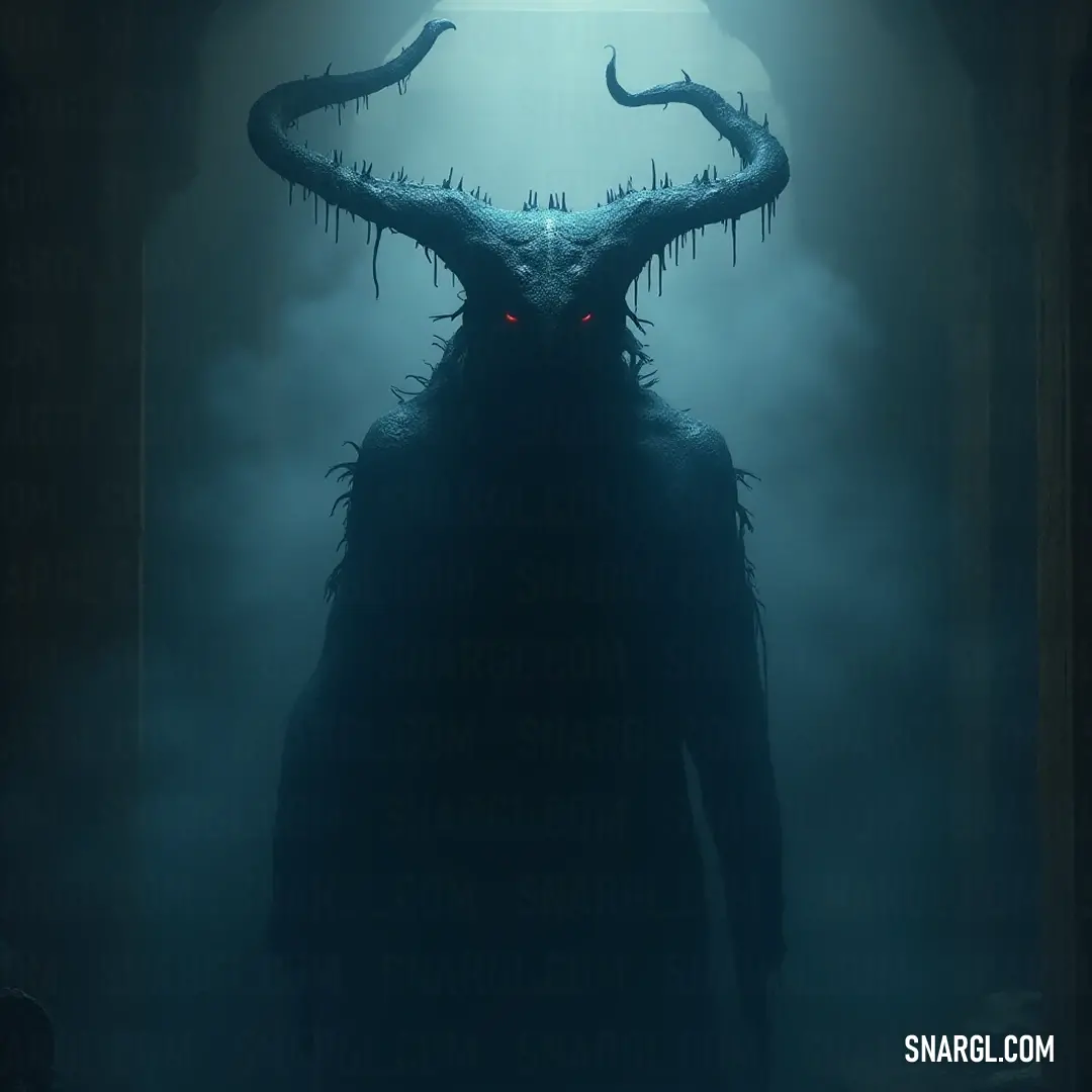 A menacing Demonic Shade stands in a dimly lit room, its horns towering over a ghostly visage adorned with fiery red eyes. The room is thick with fog and an enigmatic light streams from the ceiling, highlighting the malevolence that radiates from its pres