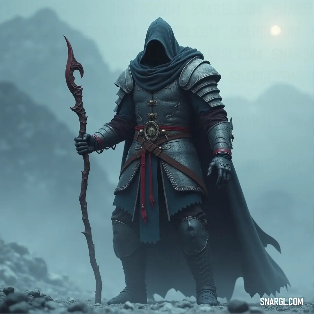 A Shade Assassin, encased in full armor, stands confidently with a staff of fire, his silhouette glowing against the darkened world.