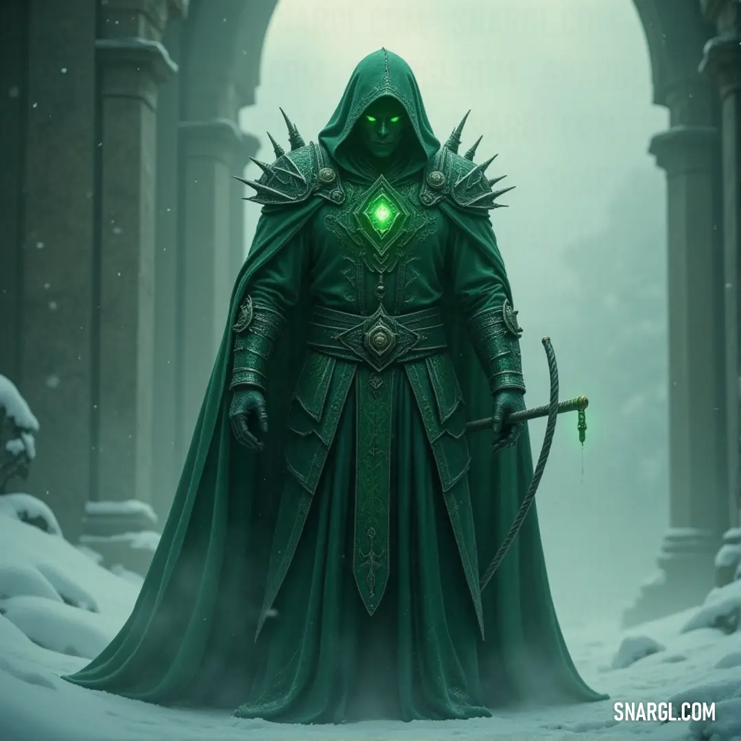 A Shade Sorcerer in a green cloak with glowing eyes, holding a bow, stands in a snowy land of ancient stone arches. A Shade Sorcerer, draped in a dark green cloak, stands in a snowy landscape, his glowing green eyes focused. With a bow and arrow in hand, he is ready to strike, surrounded by ancient stone arches and the cold winds of winter.