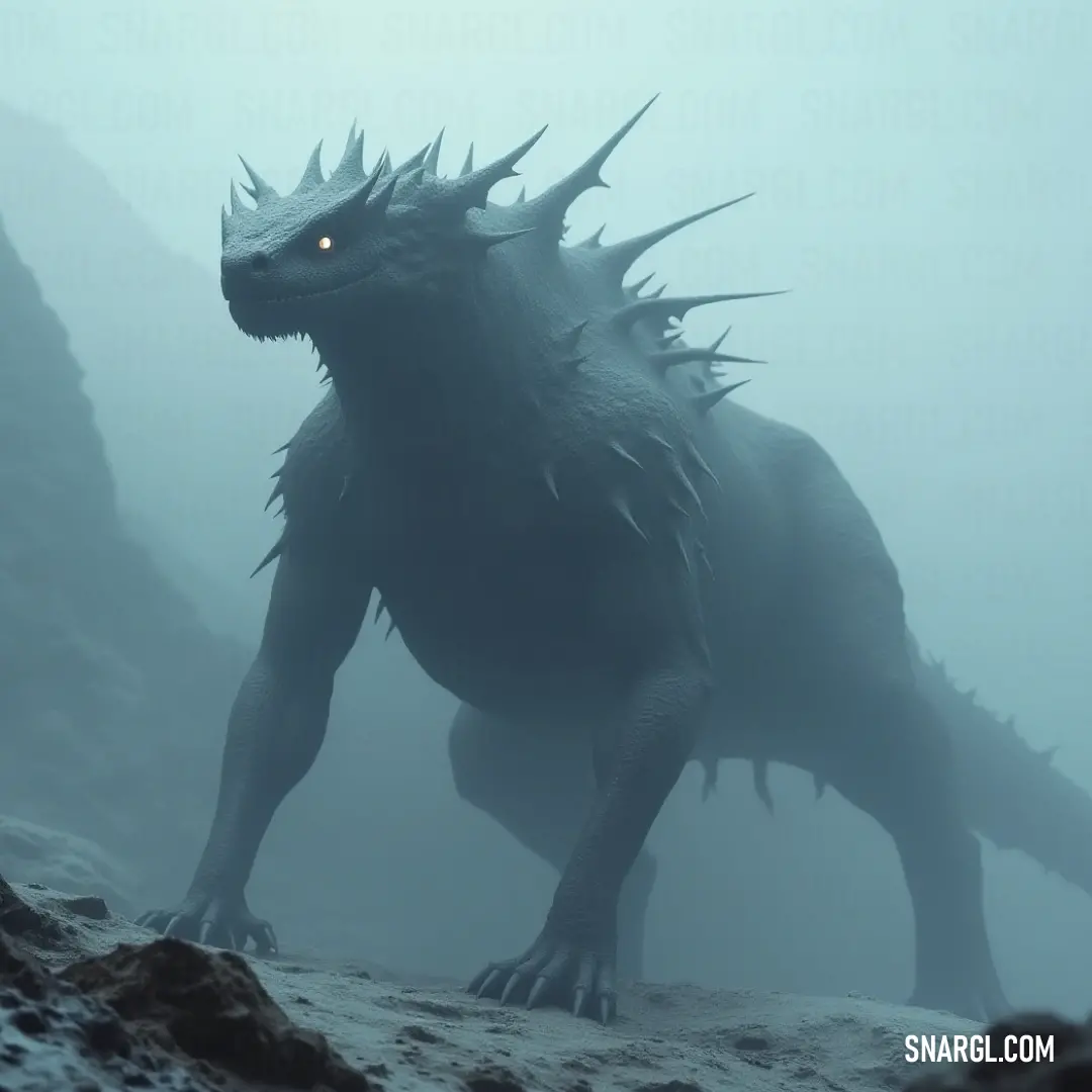 The mighty Shadow Basilisk, adorned with menacing spikes and glowing eyes, stands tall on a rocky hill, shrouded in fog and illuminated by an eerie sky. A fearsome Shadow Basilisk with spikes along its head and glowing eyes stands on a rocky hill, bathed in a mysterious fog that swirls in the eerie light of the sky.