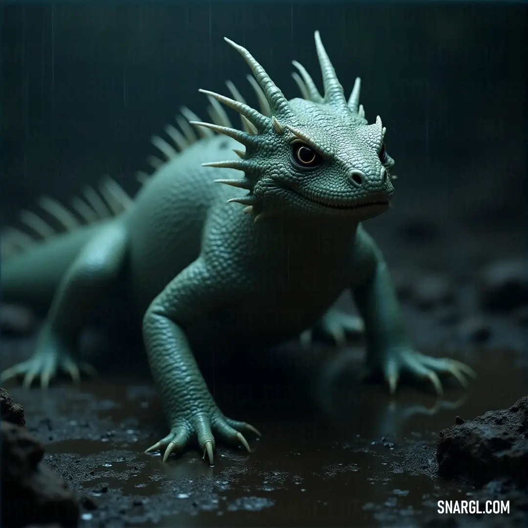 A toy lizard with spikes on its head and tail stands resolute in the rain, its outline sharp against the night’s darkened sky. A toy lizard, adorned with sharp spikes along its head and tail, stands tall in the rain, its dark silhouette contrasting against a pitch-black background.