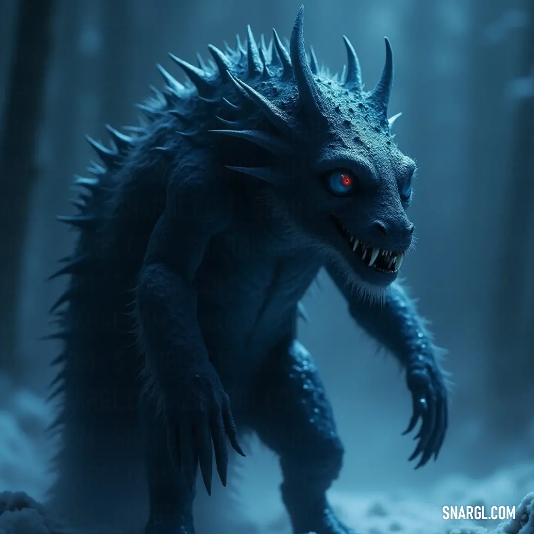 A terrifying, demonic-looking Shadow Chupacabra with fiery red eyes stands in the darkness of a forest at night. The moonlight casts an eerie glow on the snowy ground, adding to the creature’s menacing appearance. A chilling depiction of a shadowy Chupacabra with glowing red eyes, lurking in a dense, snow-covered forest at night. Its eerie presence stands out against the dark trees and the untouched snow beneath it, creating a truly unsettling scene.