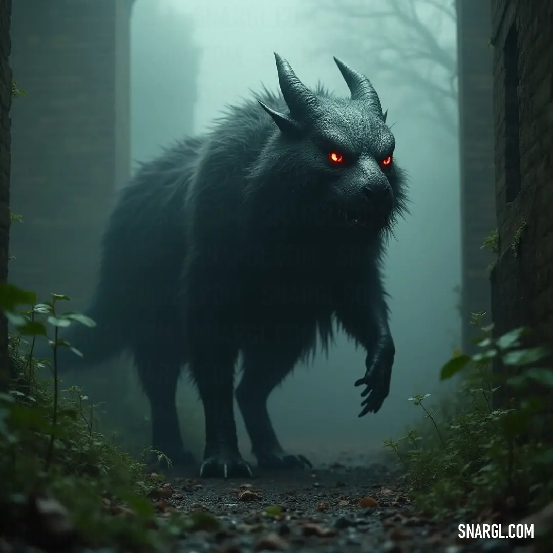 The shadowy Chupacabra with glowing red eyes, moving through a foggy forest surrounded by ancient brick walls and towering trees. A shadowy Chupacabra with glowing red eyes prowls through a foggy forest. Tall brick walls and looming trees shroud the creature in mystery, as the fog enhances the eerie atmosphere.