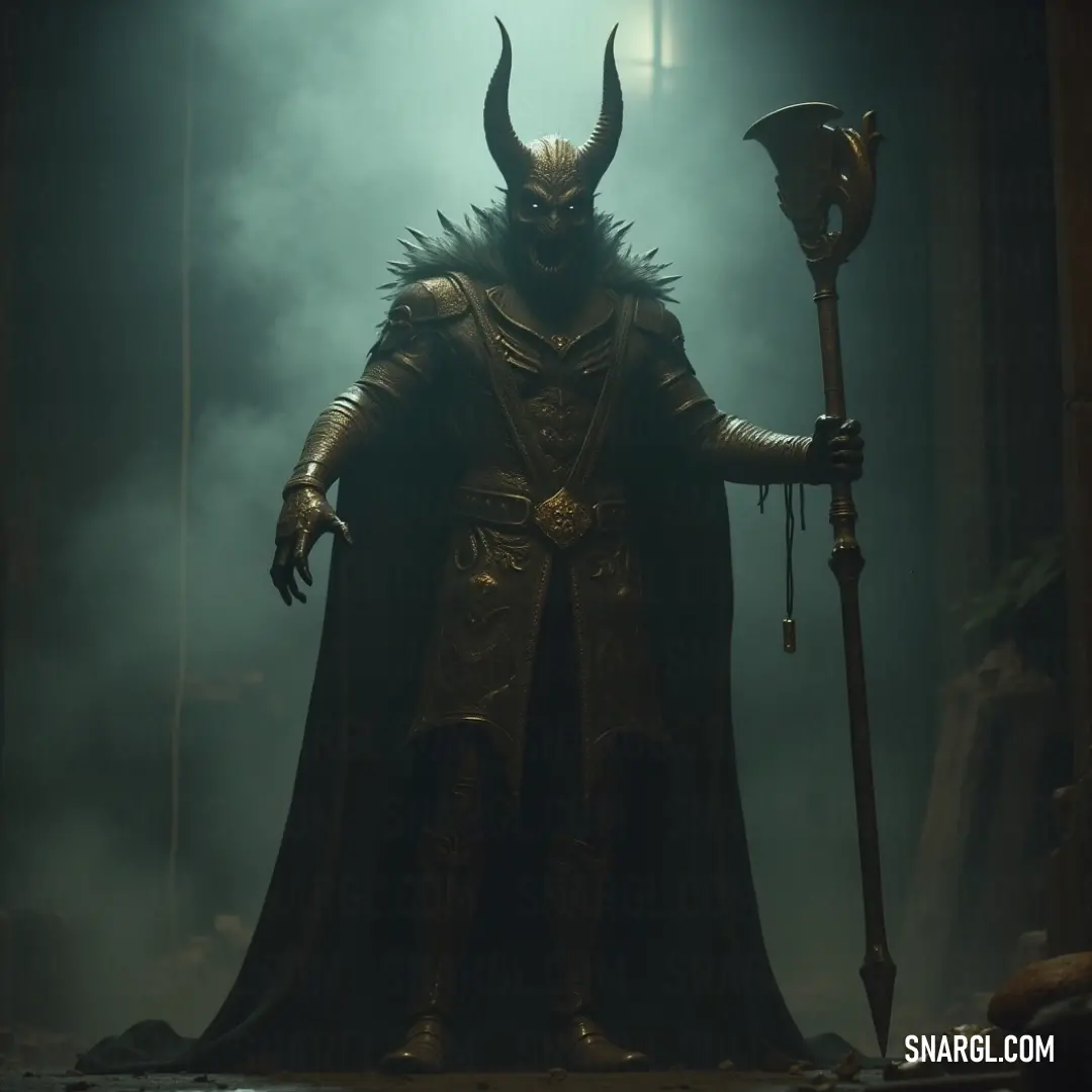 A Shadow Fiend in a horned costume stands in a foggy dark room, gripping a fiery staff that radiates mystical energy, illuminating the surrounding shadows. A Shadow Fiend draped in a horned costume stands boldly in a dimly lit chamber, wielding a fiery staff that crackles with energy, as ethereal fog swirls around them, casting intriguing shadows upon the darkened walls.