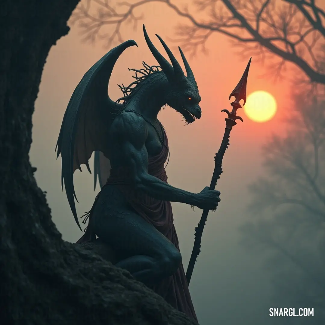 A Shadow Gargoyle at sunset, poised gracefully with a sceptacle, merging ethereal charm with the breathtaking beauty of twilight. A mysterious Shadow Gargoyle, holding a sceptacle, perches elegantly upon the branches of a tall tree, capturing the beauty of a sunset that bathes the scene in a warm, crimson glow filtering through the leaves.