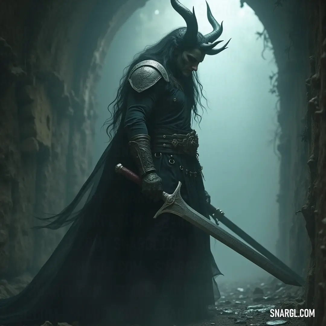 Intrepid Shadow Hunter in a horned costume stands in a dim tunnel, her sword drawn as a demon rests ominously atop her head, a portrayal of bravery and dark mystery. The Shadow Hunter, draped in a horned costume, grips her sword tightly within a dim tunnel, an eerie demon resting on her head as she stands ready to confront the shadows ahead.