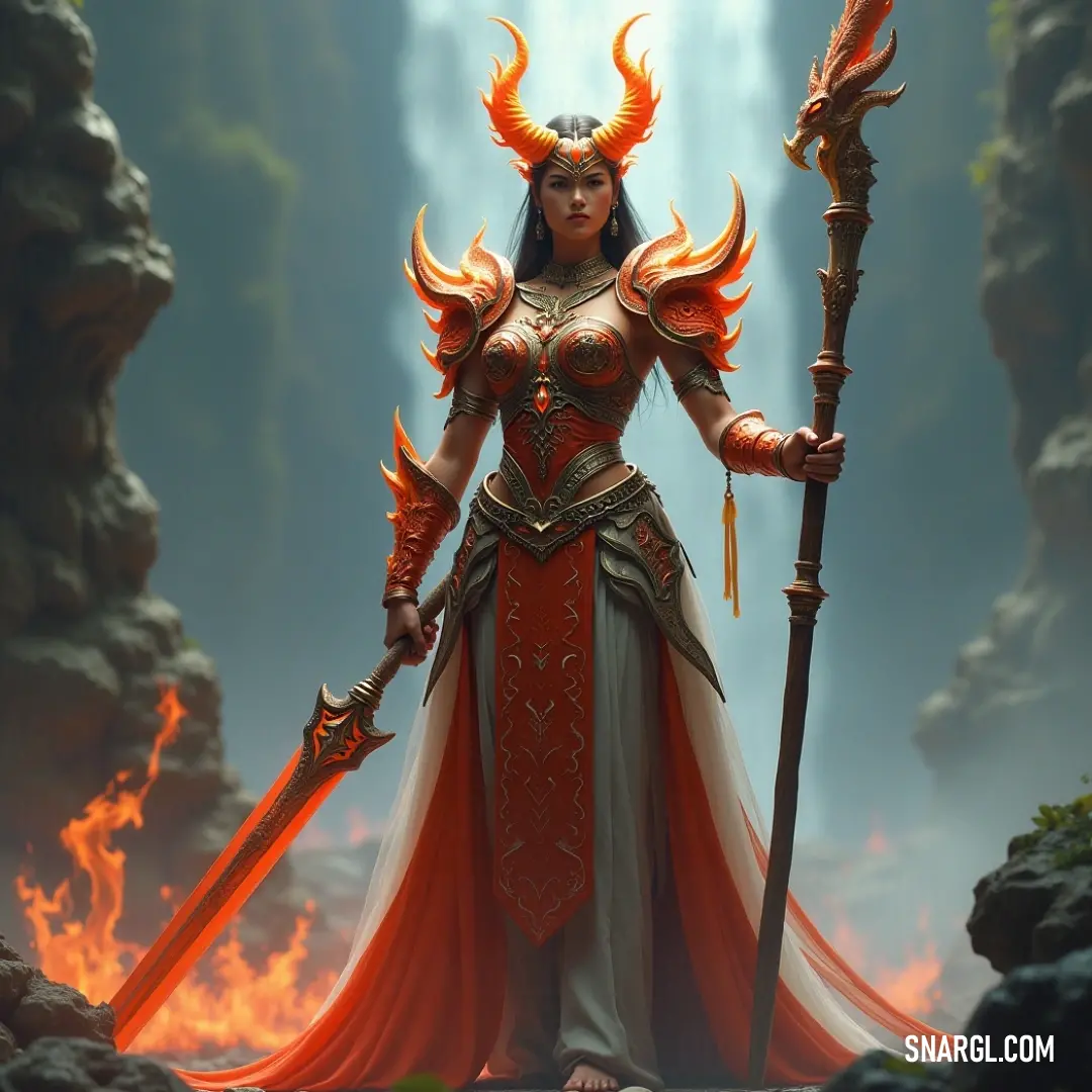 Fierce Shadow Hunter in red and white gear stands before a shimmering waterfall, wielding a sword and a flame sword with unyielding confidence. The Shadow Hunter, clad in a striking red and white outfit, grips a sword and a flame-wreathed weapon, poised confidently by a mesmerizing waterfall that enhances her fierce determination.