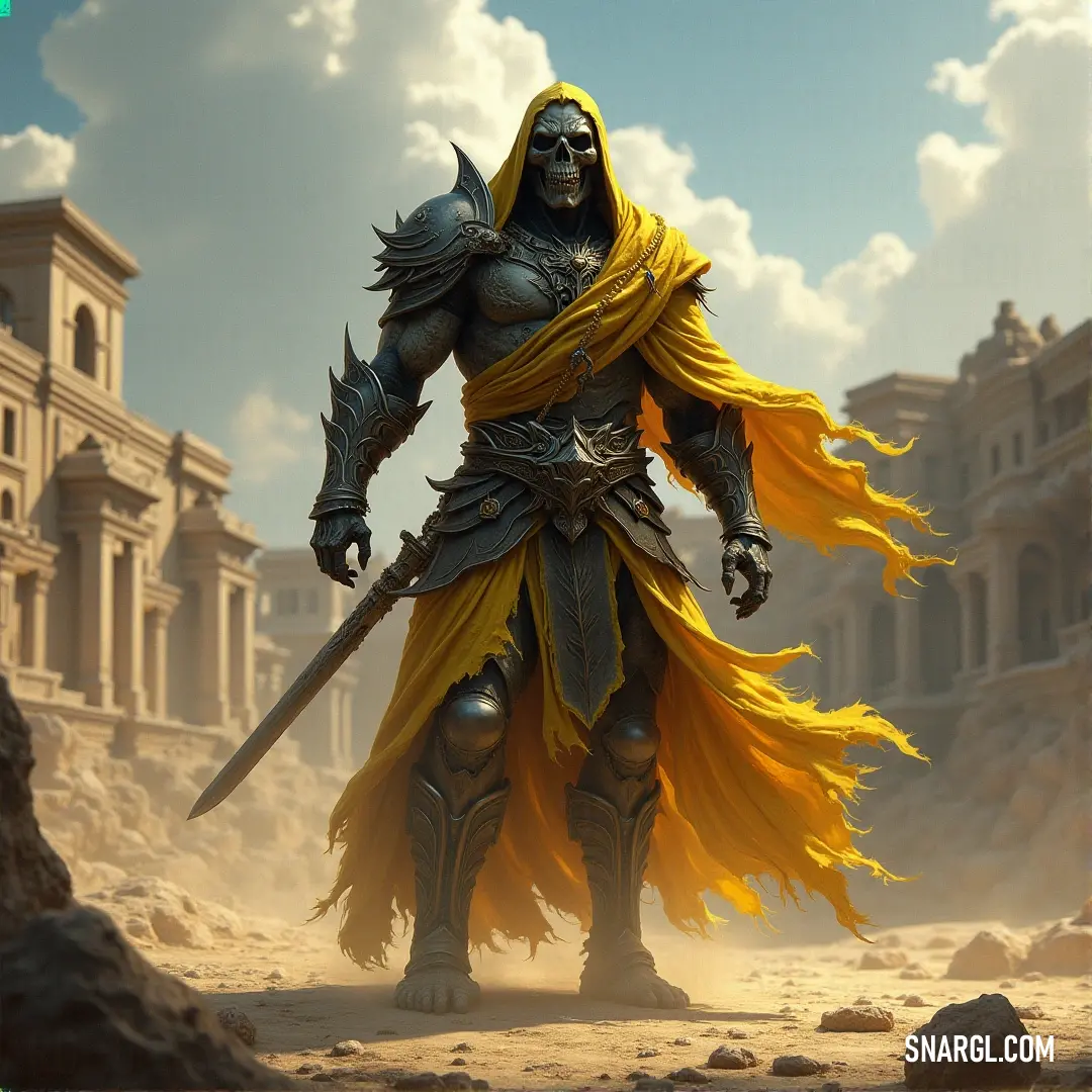 The Shadow Reaver in a yellow cape stands amidst the desert winds, sword drawn and ready for action. A heroic figure cloaked in a bright yellow cape, wielding a sword, stands tall in a vast desert landscape with a distant building on the horizon, preparing for whatever challenges lie ahead.