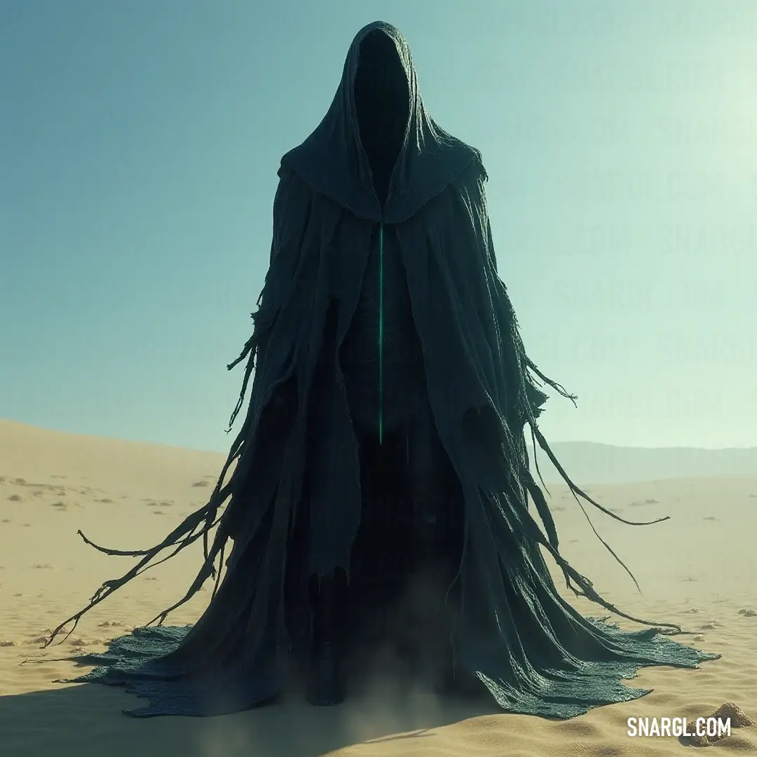 Sinister Hooded Stalker traversing the windswept desert, merging with the shadows before nightfall. Shadowy Hooded Stalker navigating through a swirling desert dust storm, with the setting sun casting ominous shadows, embodying the very essence of stealth and danger.