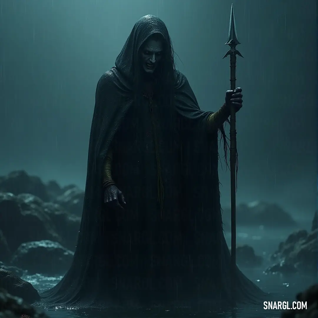 Shadow Terror cloaked in darkness holds a staff, standing amidst a foggy, desolate landscape, where rocks and water seem to whisper secrets of forgotten realms, an aura of mystery surrounding him.