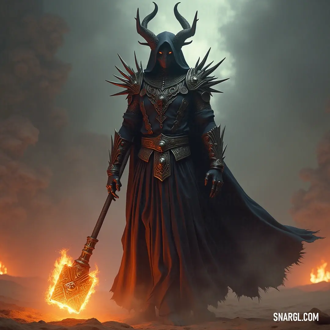An armored figure with horns holds a flickering flame and a broom, standing defiantly in a stormy desert landscape, dark clouds swirling ominously around. The enigmatic figure clad in horned armor grasps a glowing flame in one hand while a broom leans against their side, set against a backdrop of a fierce desert storm under swirling dark clouds, evoking a sense of raw power.