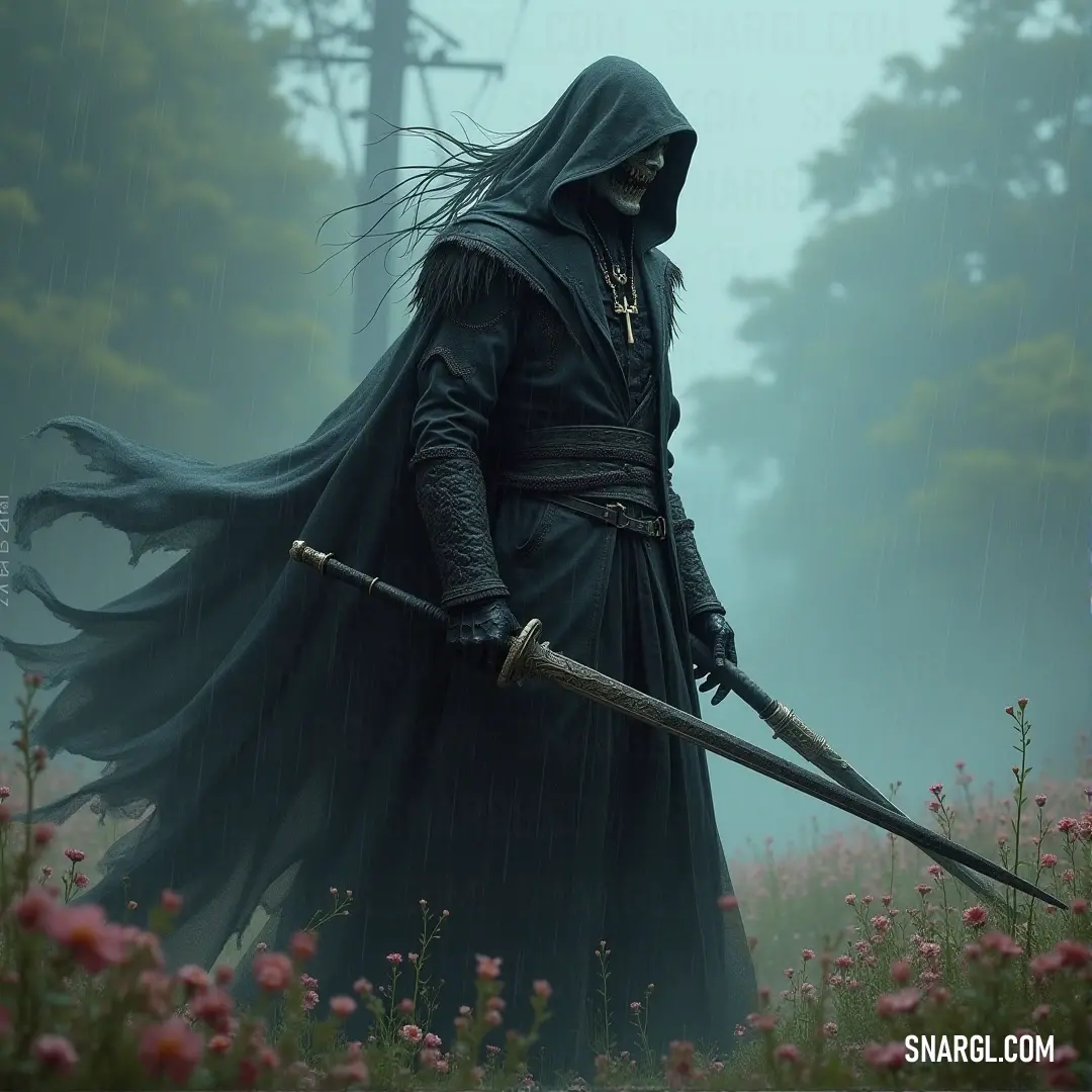 A Shadow Wraith in a black robe, sword in hand, stands in a field of flowers with rain cascading down around him, creating an eerie and haunting atmosphere. A Shadow Wraith draped in a flowing black robe stands amidst a field of vibrant flowers, gripping a sword with a ghostly hand as the rain falls softly around him, his presence both mysterious and menacing under the overcast sky.