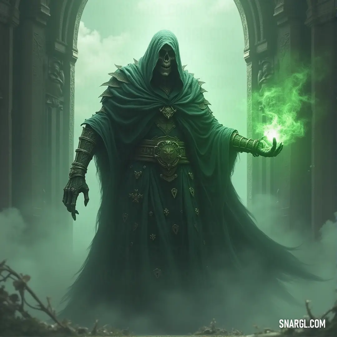 A shadowy wraith, cloaked in green and holding a glowing orb, drifts silently through a realm of shifting shadows. A shadowy wraith, cloaked in green, holds a glowing green orb in its hand. The wraith’s form is ethereal, its cloak flowing in the wind as it moves through an eerie realm of shadows.