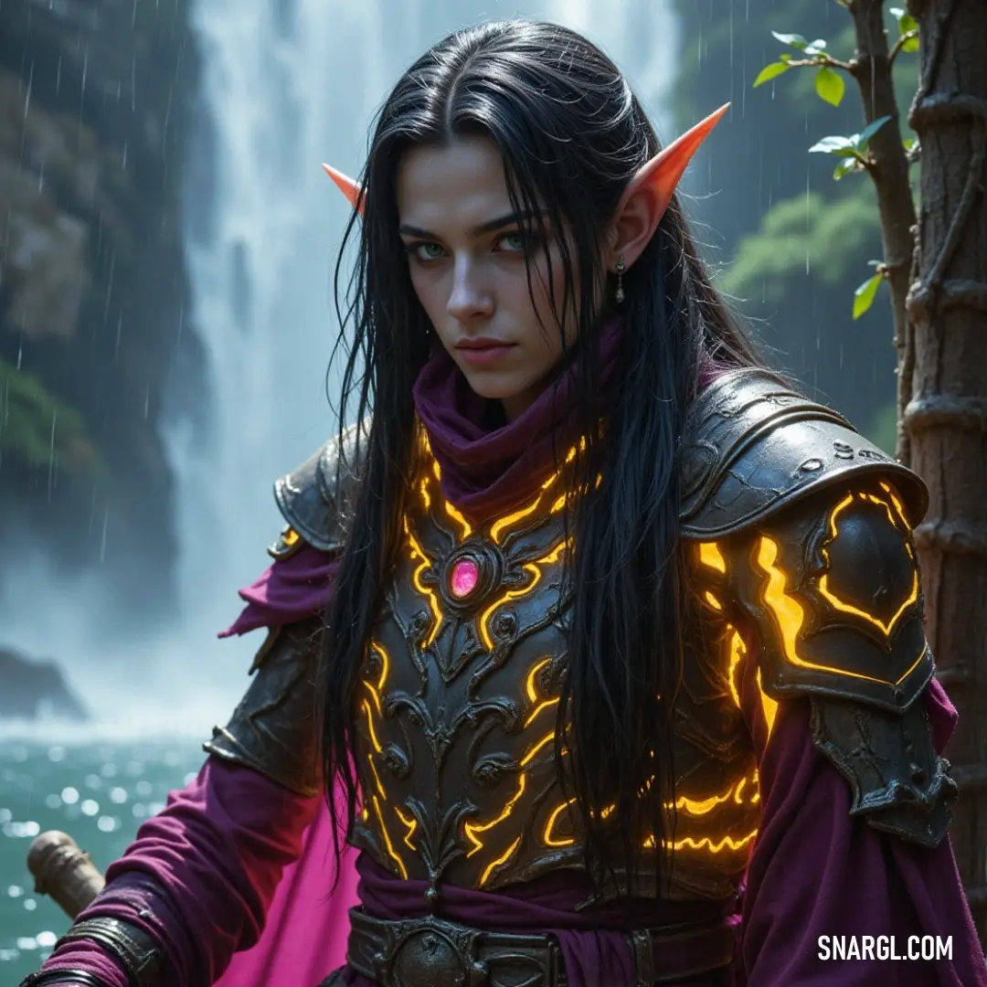 Amidst the forceful cascade of water, the Shadow Wraith embodies ethereal grace, her gleaming sword poised elegantly, while the dramatic purple of her cape dances whimsically in the air. The Shadow Wraith, elegantly dressed in a flowing costume, stands powerfully against a thundering waterfall, gripping a gleaming sword and adorned with a flowing purple cape that billows like smoke in the wind.