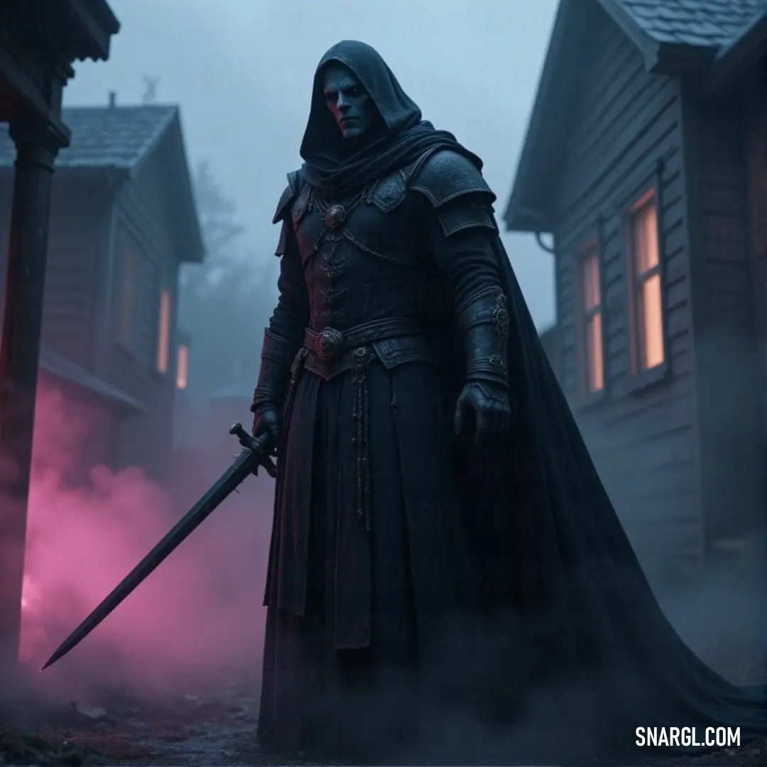 In the thick fog, the Shadow Wraith emerges, sword in hand and shrouded in darkness. The mist swirls around him, as the silhouettes of distant houses add to the unsettling atmosphere of this eerie encounter. A Shadow Wraith, cloaked in darkness, stands with a sword in hand in a foggy environment. Houses loom in the distance, partially obscured by the thick mist, adding to the haunting mystery of the scene.