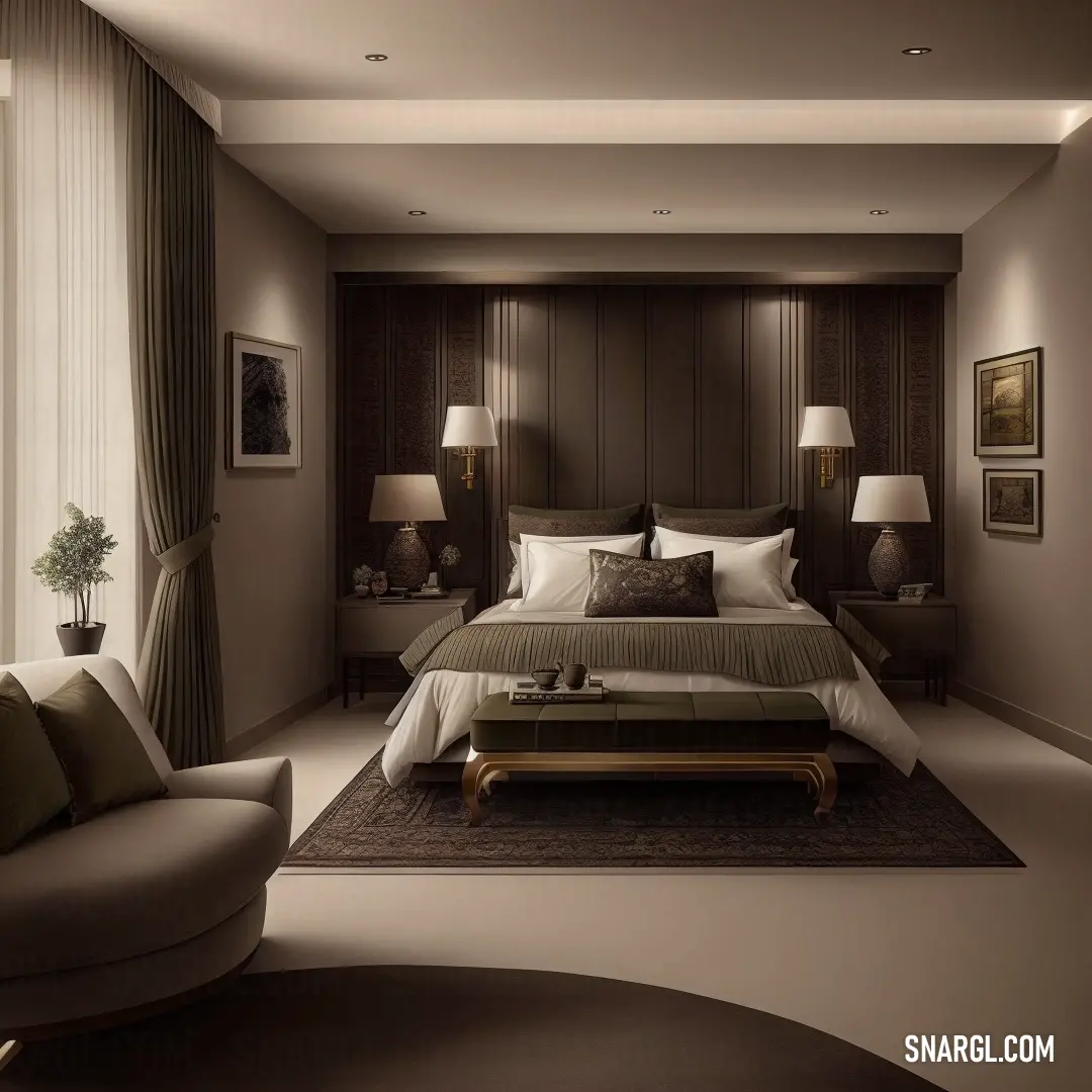 Bedroom with a large bed and a couch in it and a table with a lamp on it in front of a window