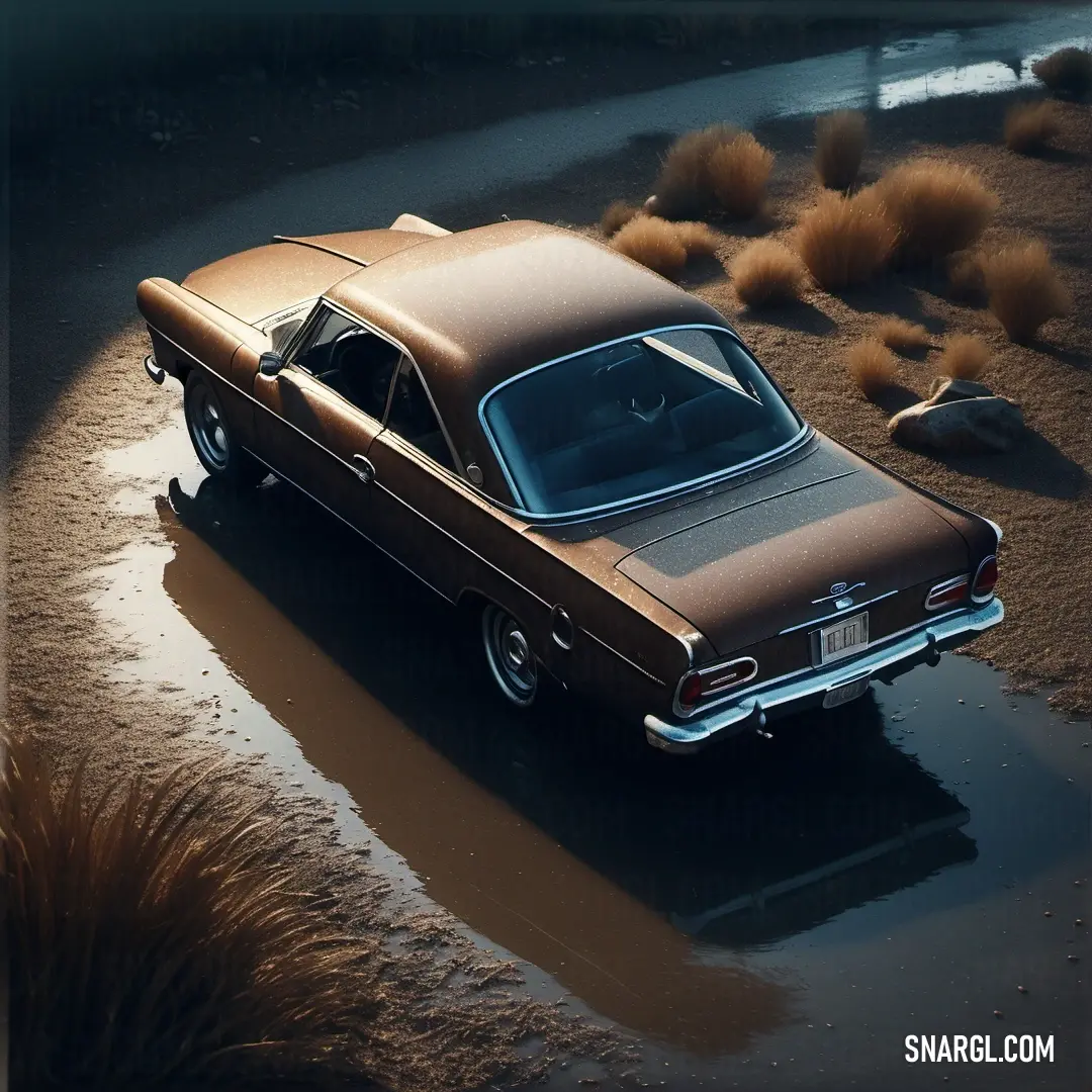 Shadow color example: Car is parked in a puddle of water on the ground near a road