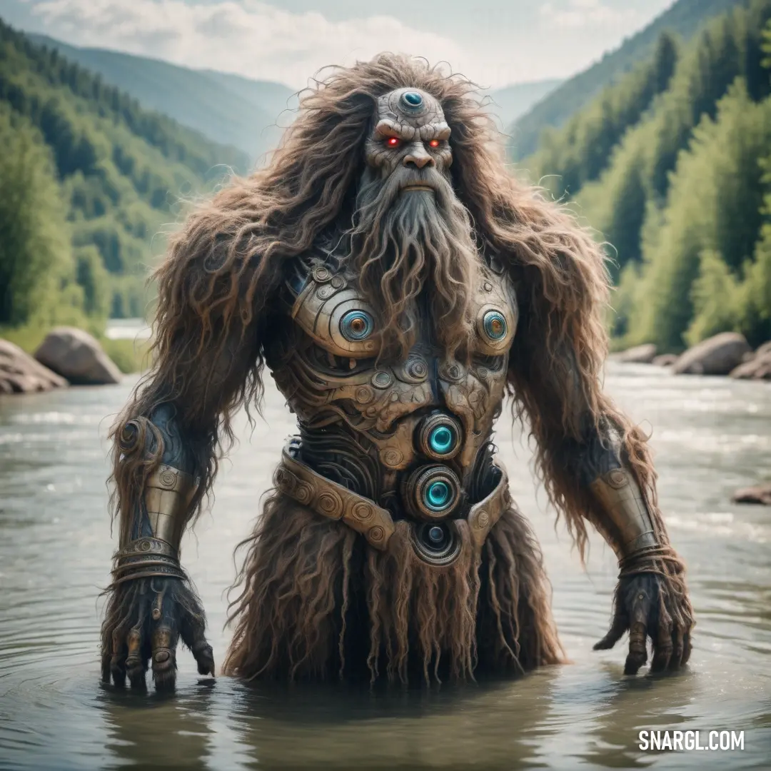 Creature with a weird look standing in a river with mountains in the background and trees in the foreground. Example of CMYK 0,12,33,46 color.