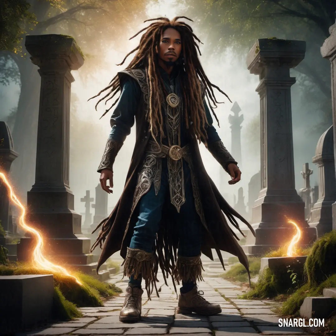 Man with dreadlocks and a long coat standing in a cemetery with a sword in his hand. Example of #8A795D color.