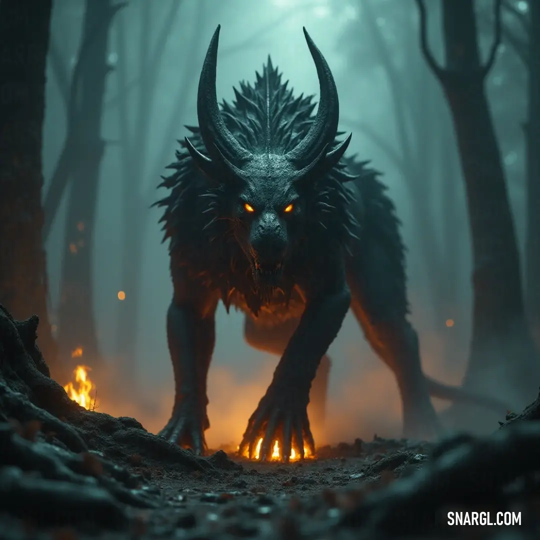 Demonic Shadowclaw glowing in a fiery dark forest Demonic Shadowclaw emits an eerie glow from its eyes while surrounded by the menacing shadows of a dark forest, flames flickering menacingly from its mouth.