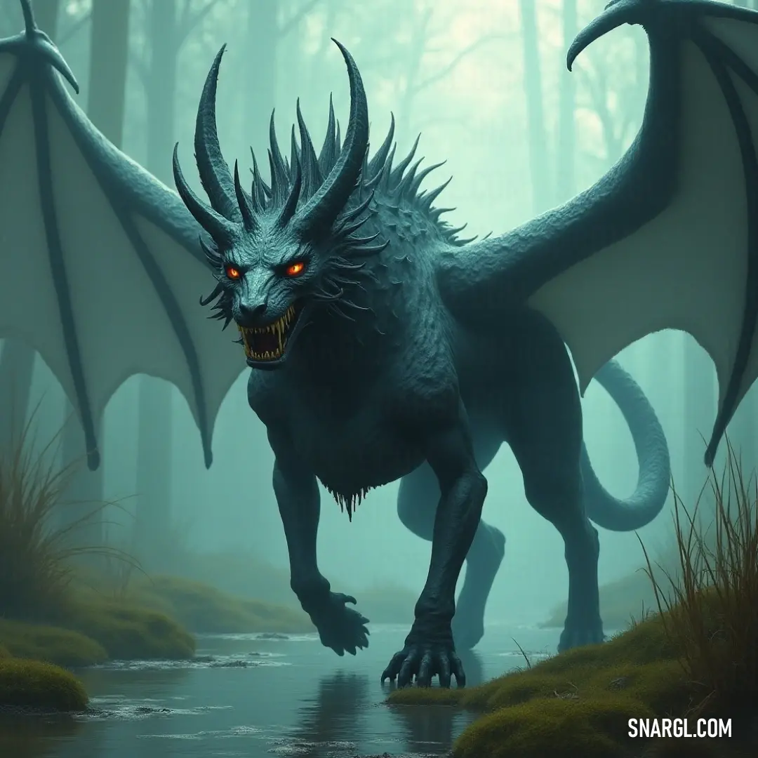 Ethereal Shadowclaw by a serene forest pond Shadowclaw stands poised beside a tranquil body of water, emanating an otherworldly glow from its eyes, surrounded by verdant grass and towering trees.