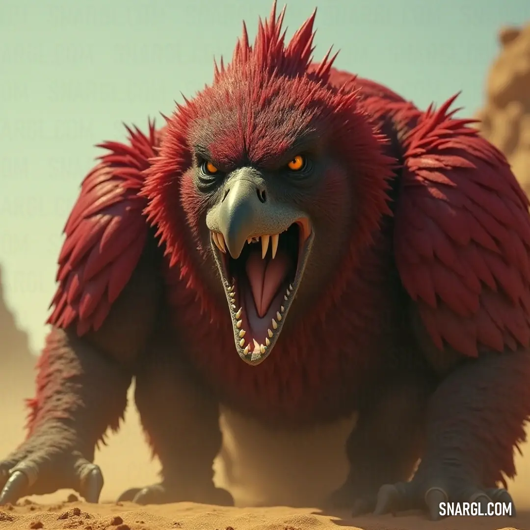 The fierce Red Shadowclaw navigates the harsh desert environment, showcasing its power and intimidating presence against a rugged backdrop. The Red Shadowclaw roams the sunlit desert, its gaping mouth revealing sharp teeth, while its striking colors reflect the vivid contrast of the sandy landscape adorned with rocks.