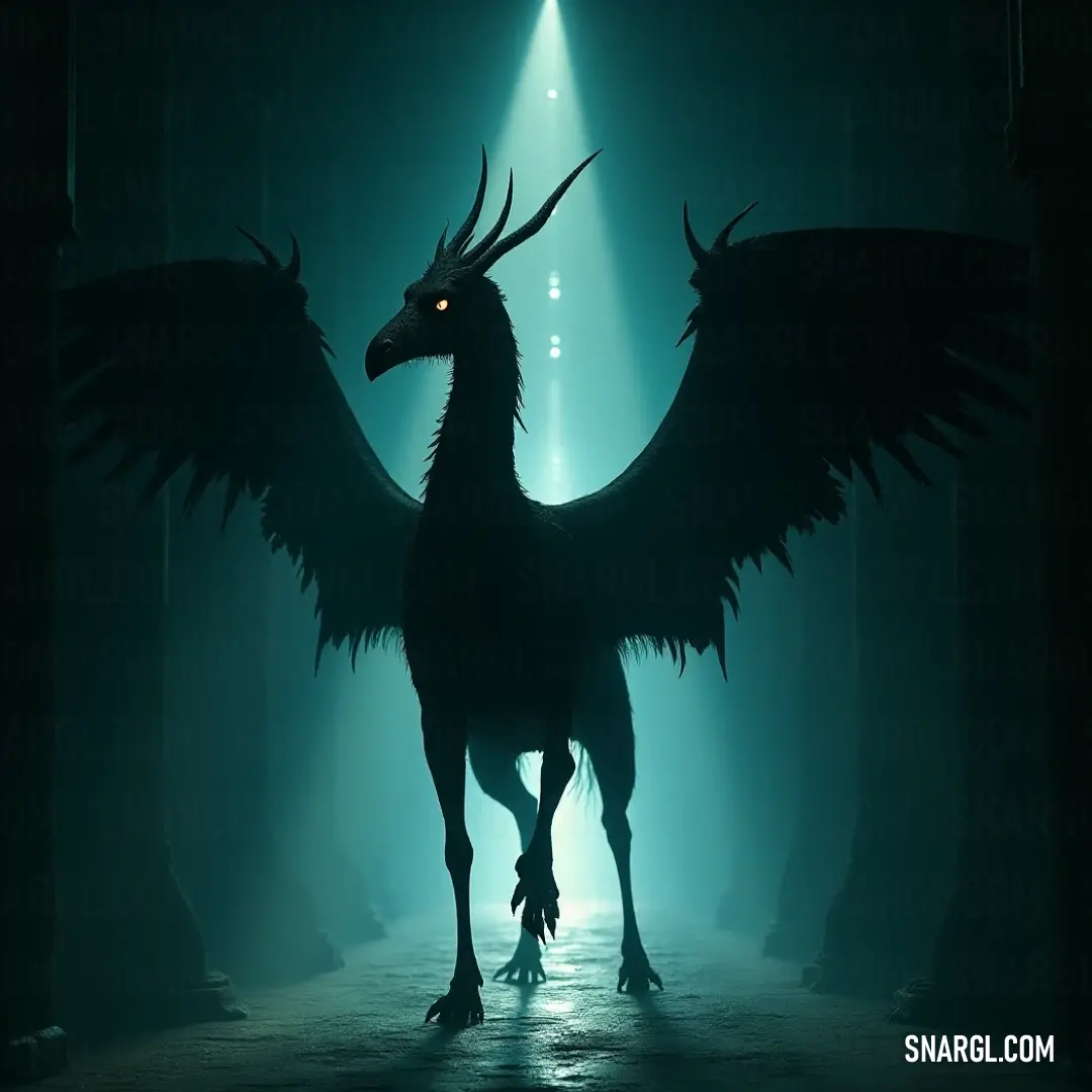 A large bird with massive wings stands in a dark room, illuminated by lights that create dramatic shadows, evoking a fierce and mysterious presence. A majestic bird with massive wings stands in the middle of a dimly lit room. The surrounding lights highlight the bird's powerful form, casting an eerie shadow that resembles the sharp claws of a predator.