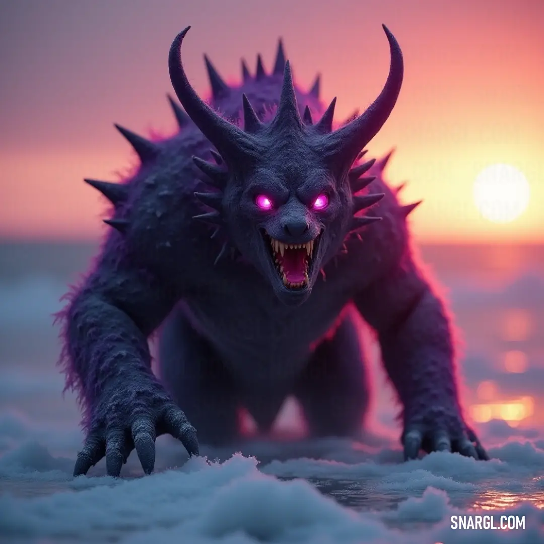 The demonic Shadowfang, with glowing eyes and sharp claws, stands alone on the beach, framed by the fiery hues of a breathtaking sunset or dawn. A demonic Shadowfang creature with fiery glowing eyes and menacing claws stands on a dark beach, silhouetted against the vibrant colors of the sunset or dawn. The dramatic light creates a fierce aura around it as the waves crash in the background.
