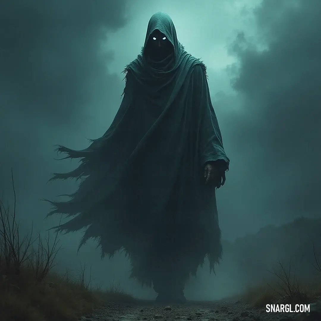 A shadowy figure cloaked in dark fabric navigates a winding path through an enveloping dark fog under a tempestuous sky, hinting at an intriguing journey filled with danger and discovery.