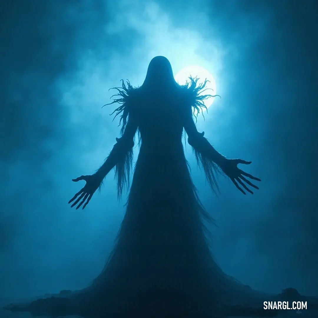 Silhouette of a Shadowlord Wraith with arms spread wide, embracing the night. The silhouette of a powerful Shadowlord Wraith extends her arms toward the sky, exuding a commanding presence that resonates with the energy of the night.