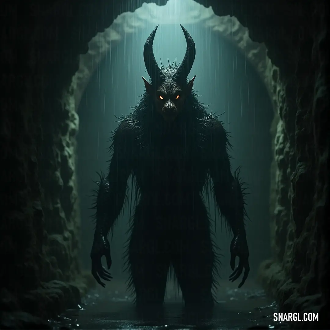 Horned Shadowstalker lurking in a cave, its strange face half-visible amid the shadows and mist. A horned Shadowstalker prowls through a dark cave, its eerie face glowing faintly in the dim light. Surrounded by water and jagged rocks, it feels as though it’s waiting for something—or someone—to approach.