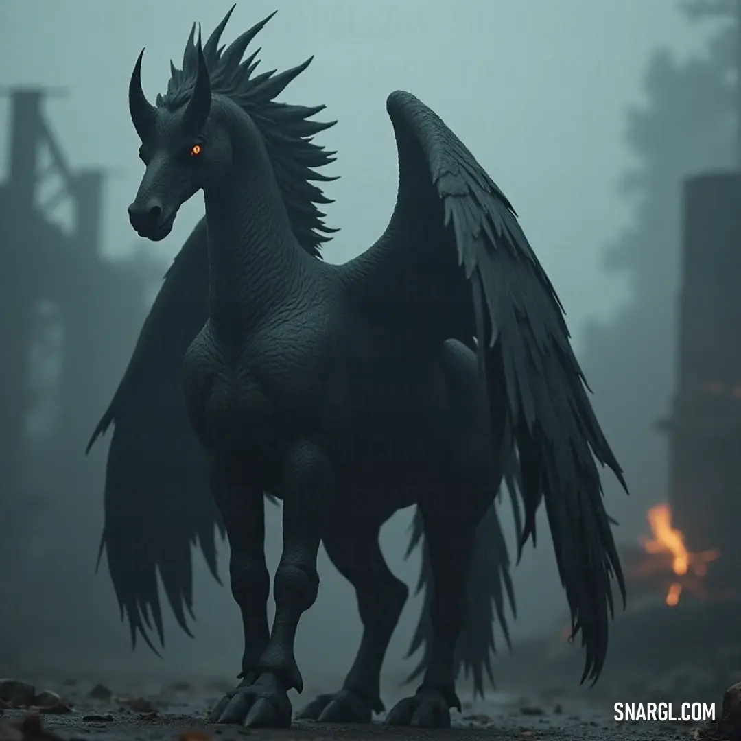 A striking image of Shadowstrike, with massive wings, standing in a foggy environment, surrounded by a flickering fire that casts an intense glow on the dark figure, adding drama and power to the scene. A dark, powerful Shadowstrike figure with large wings stands amidst a foggy landscape, with flames glowing in the background, creating an intense, dramatic scene full of contrast and energy.