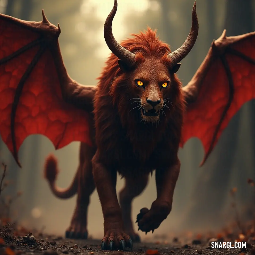 A dynamic Red Shadowtail Manticore racing through a lush woodland with glowing eyes and majestic wings. A fierce Red Shadowtail Manticore with powerful horns and bright, glowing yellow eyes, gallops through a vibrant forest, wings unfurled and ready to soar, exuding an aura of strength and wild spirit.