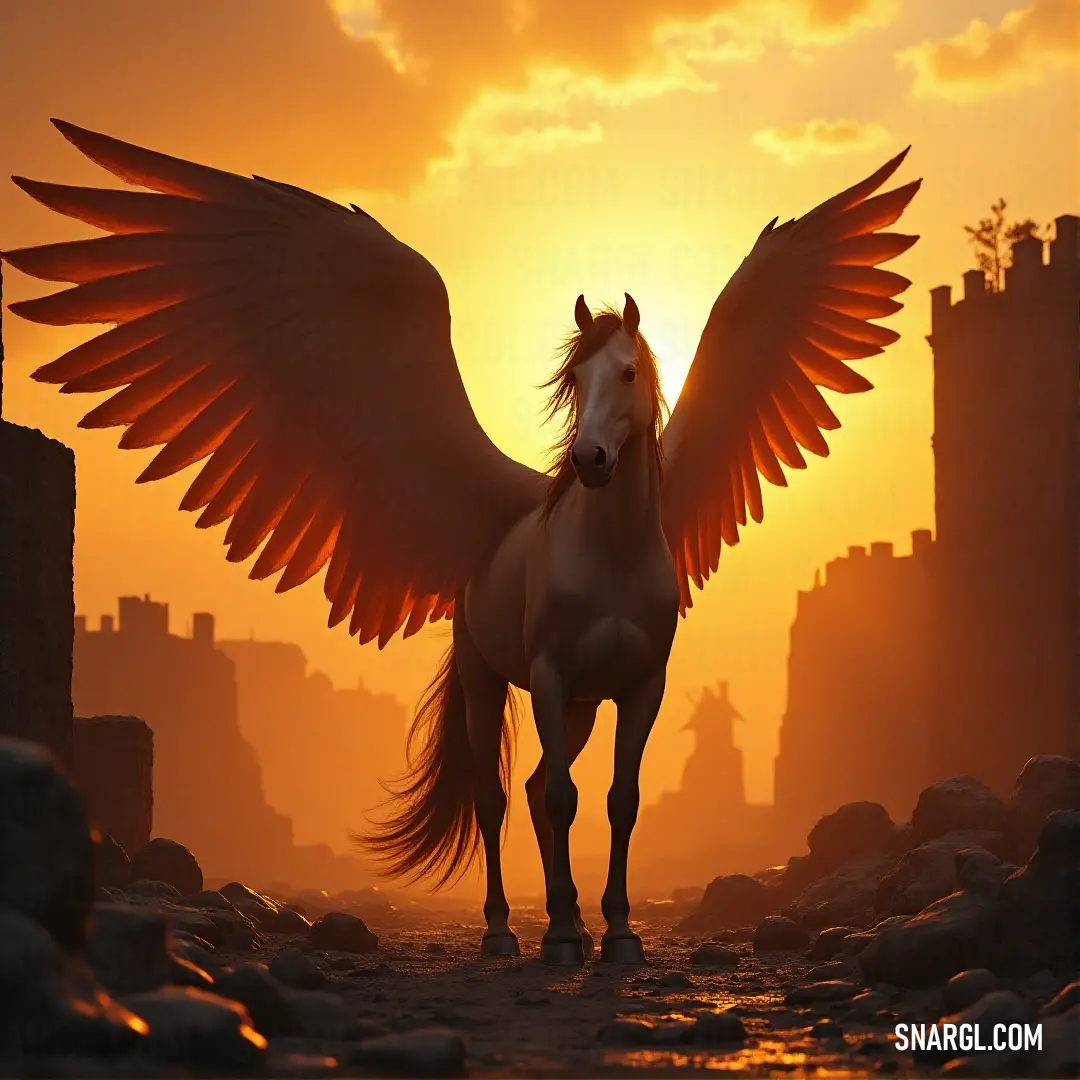 The Shadowwing, bathed in the glow of a dramatic sunset, stands in a rocky area, its wings spread wide, casting shadows as it gazes into the horizon.