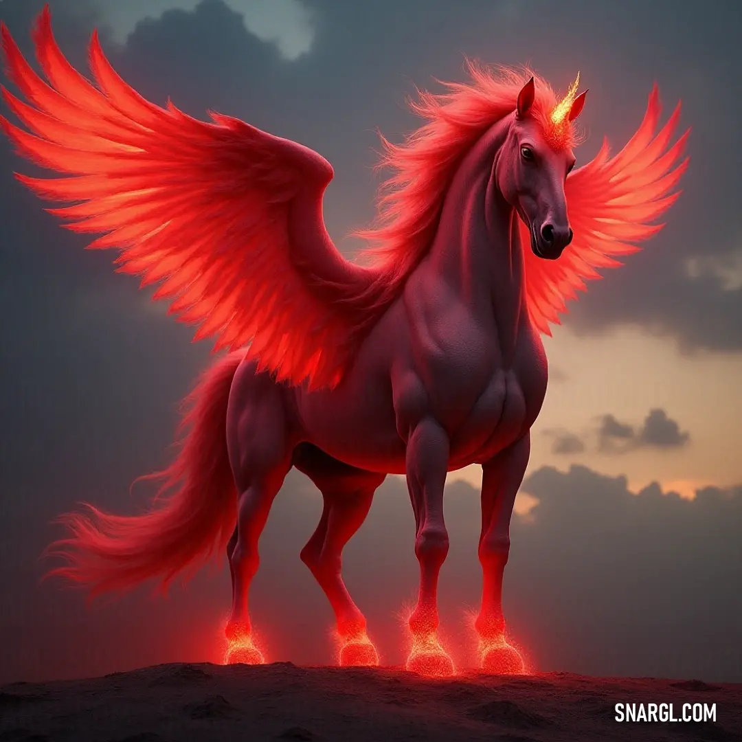 A magnificent shadowwing, adorned with vivid red wings, stands on a hilltop at sunset, creating a breathtaking silhouette against the clouds. A shadowwing with striking red wings stands atop a hill, beautifully framed by the setting sun. The clouds create a dramatic backdrop, enhancing the creature's majestic stance.